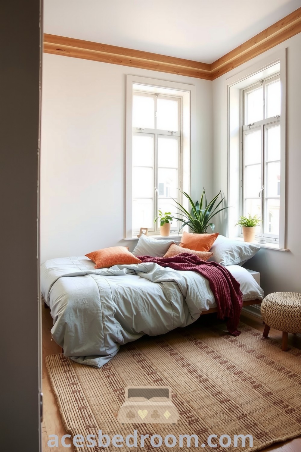 Cozy Scandinavian bedroom featuring pale wooden accents, soft white walls, light-gray duvet, textured throws, plush pillows, and natural plants, showcasing design ideas for a warm and sophisticated look on acesbedroom.com.