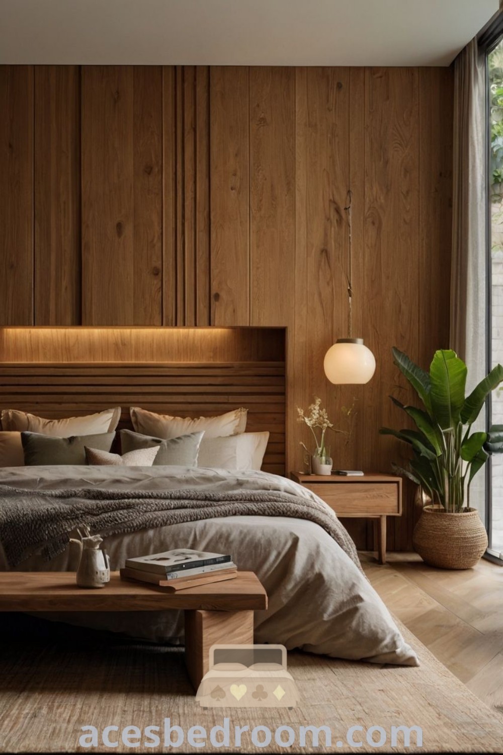A modern bedroom with dark wood furniture and vertical wood panel walls, surrounded by potted plants. This cozy bedroom showcases stylish decor ideas and inspirations for wood accents, making it the perfect retreat for a warm and sophisticated look. Explore more unique ideas at acesbedroom.com.