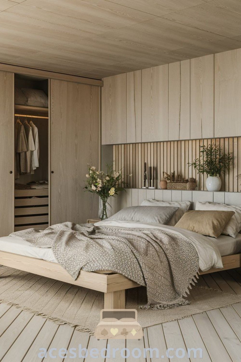 A cozy Japandi bedroom with wooden walls, flooring, a stylish bed, planters, and two nightstands, showcasing Japanese home interior design ideas. This inspiring space offers unique decor ideas for a warm and sophisticated look. Explore more inspiring concepts at acesbedroom.com.