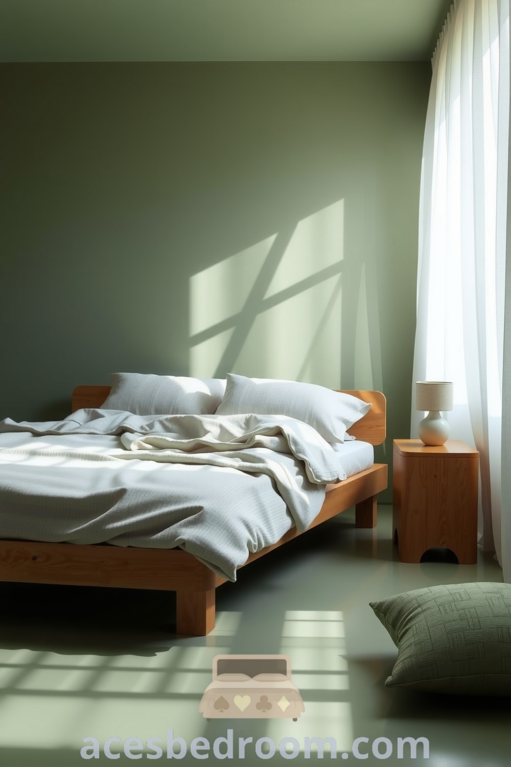 Cozy Japandi bedroom featuring a low wooden platform bed, natural fiber bedding, handcrafted nightstands, simple ceramic lamps, and soft green tones, showcasing serene decor ideas for a warm and sophisticated look, found on acesbedroom.com.