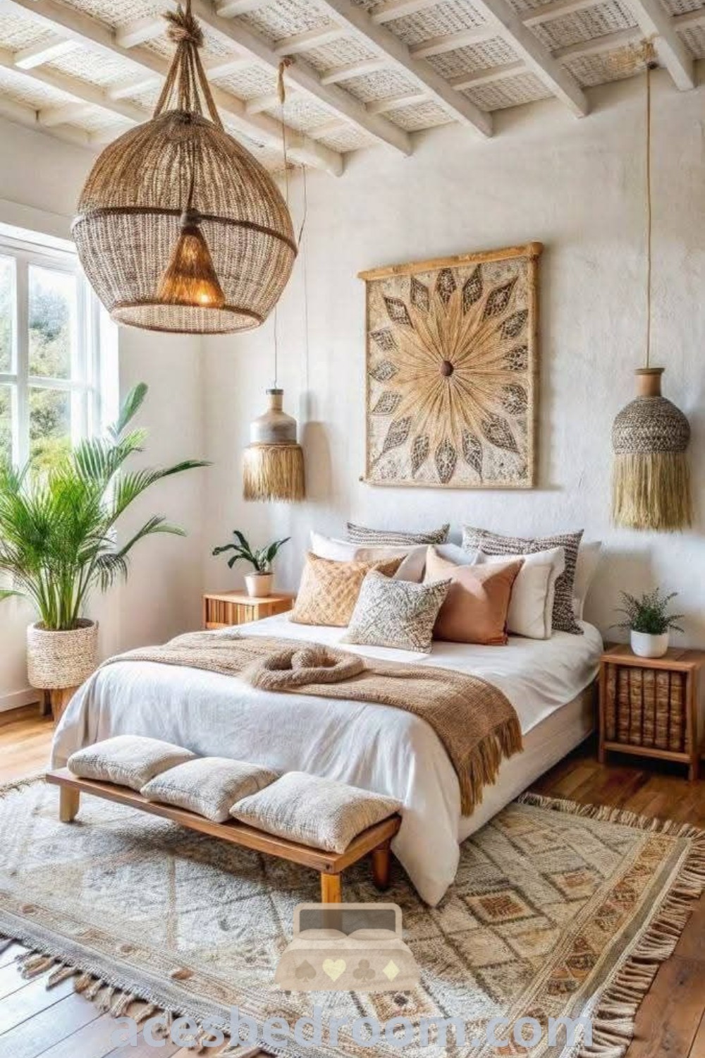 A cozy Tulum-inspired bedroom with white walls, wooden floors, and hanging ceiling lights, showcasing Boho decor ideas for a warm and sophisticated look. Explore inspiring bedroom designs for a stylish, inviting home at acesbedroom.com.