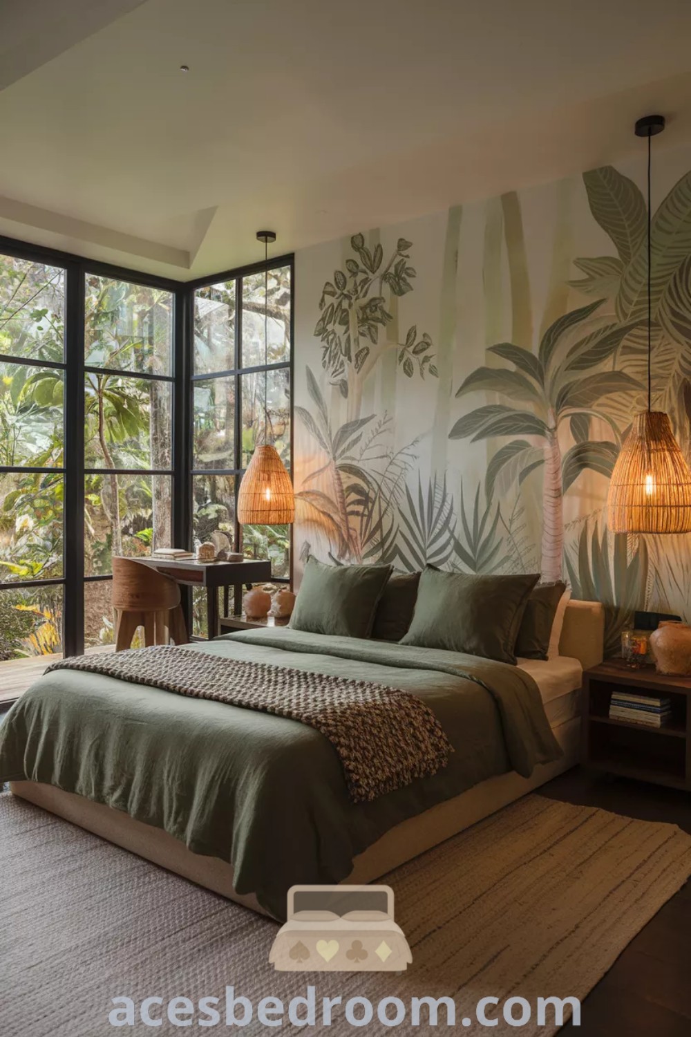 A cozy bedroom with a large bed in front of a window and vibrant jungle-inspired wallpaper, showcasing tropical safari home decor. This inspiring space offers unique ideas for a rainforest-themed aesthetic, perfect for creating a comfortable retreat. Explore more design ideas at acesbedroom.com.