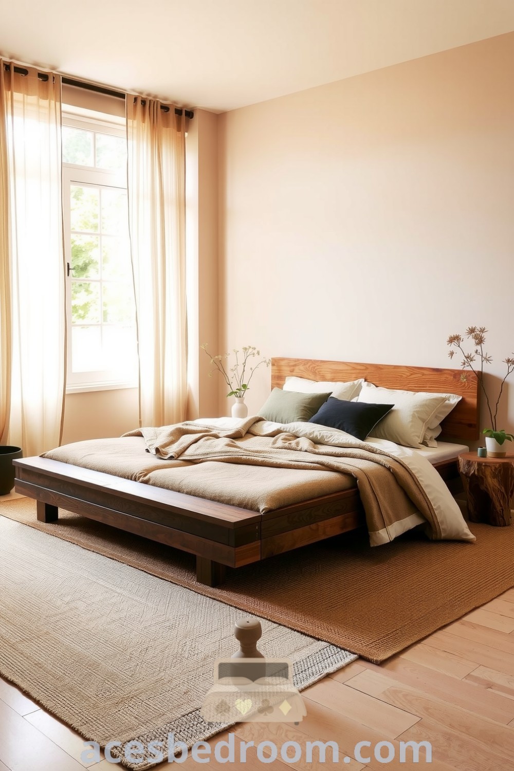 Cozy Japandi bedroom featuring beige walls, a low wooden platform bed with textured linens, potted plants, and a fiber rug, designed for tranquility and relaxation, showcased on acesbedroom.com.