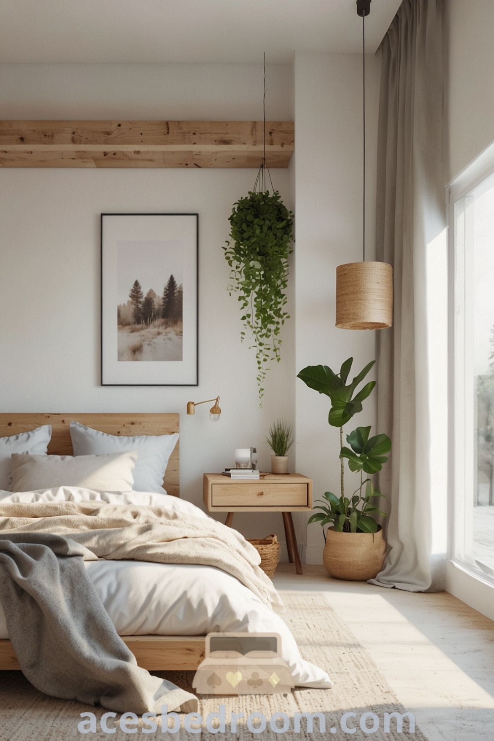 An earthy Scandinavian bedroom showcasing a bed by a window with potted plants, reflecting cozy decor ideas and stylish nordic bedroom inspirations. This inviting space promotes relaxation with its warm tones and stylish design, ideal for creating your cozy home haven. Explore more designs at acesbedroom.com.