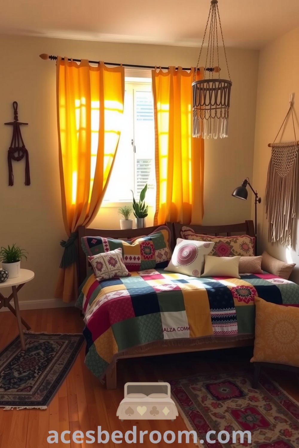 Cozy bohemian bedroom with yellow curtains, patchwork quilt, woven wall hangings, macrame plant holder, and vintage rugs, creating a warm and inviting atmosphere perfect for relaxation and inspiration, featured on acesbedroom.com.