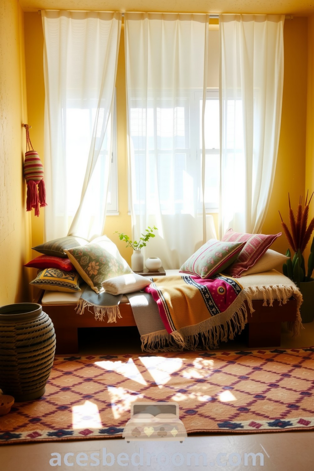 Cozy boho bedroom with yellow walls, handcrafted wooden bed, vibrant textiles, and layered throws. Features a patterned area rug and dappled sunlight through sheer curtains, creating a welcoming atmosphere, captured on acesbedroom.com.