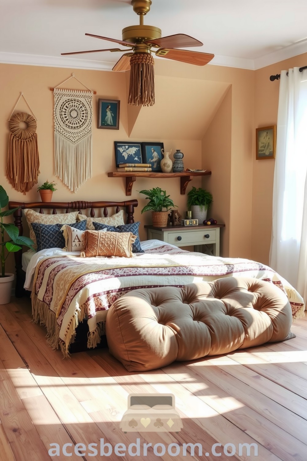Cozy boho bedroom with beige walls, handcrafted wooden bed frame, woven blankets, macramé wall hangings, potted plants, and oversized floor cushions for a warm and inviting atmosphere, featured on acesbedroom.com.