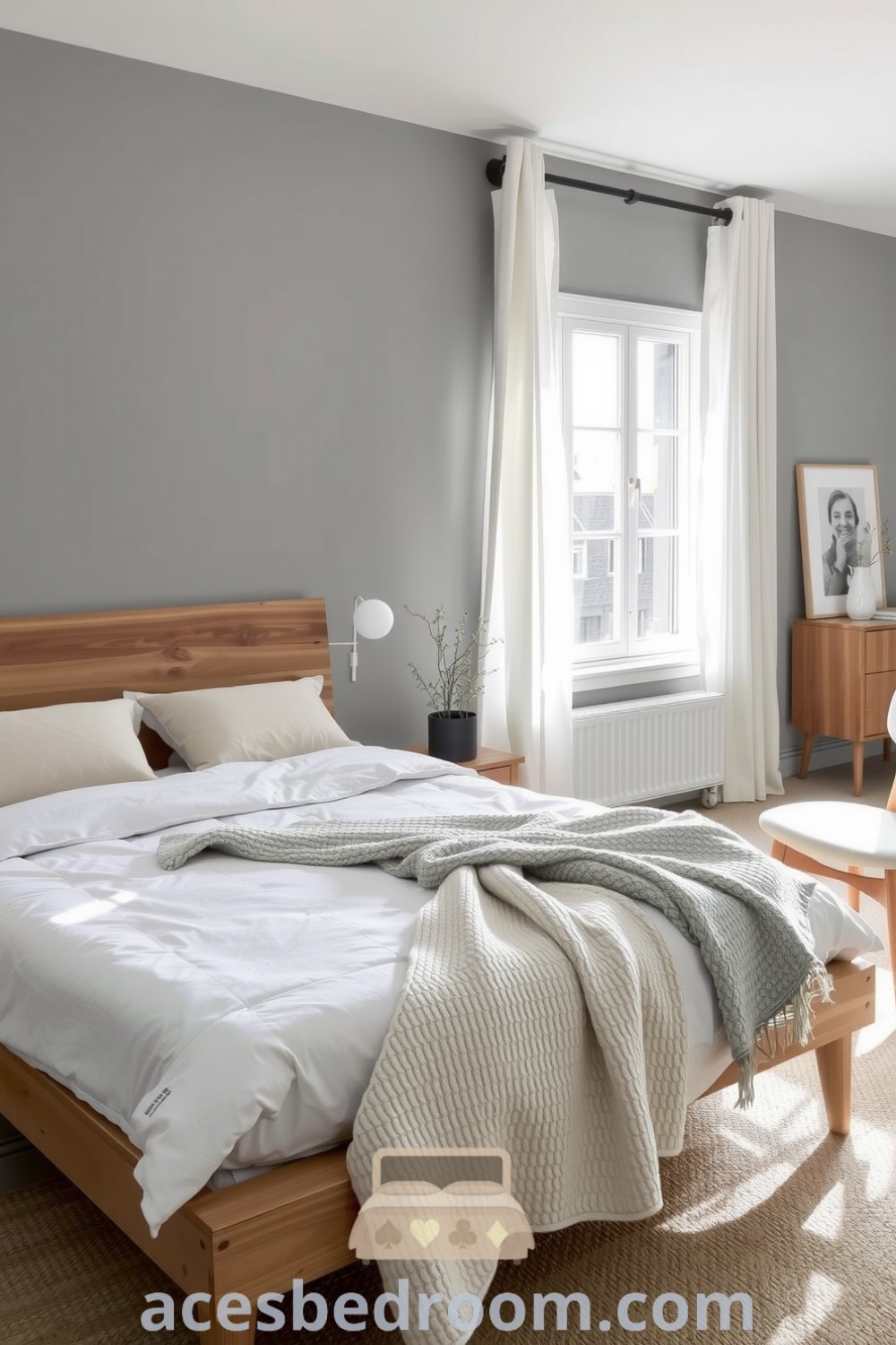 Cozy Scandinavian bedroom design featuring soft gray and white tones, natural wood bed frame, textured knit throw, minimalist furniture, oversized woven rug, and sheer curtains for a serene atmosphere, presented on acesbedroom.com.