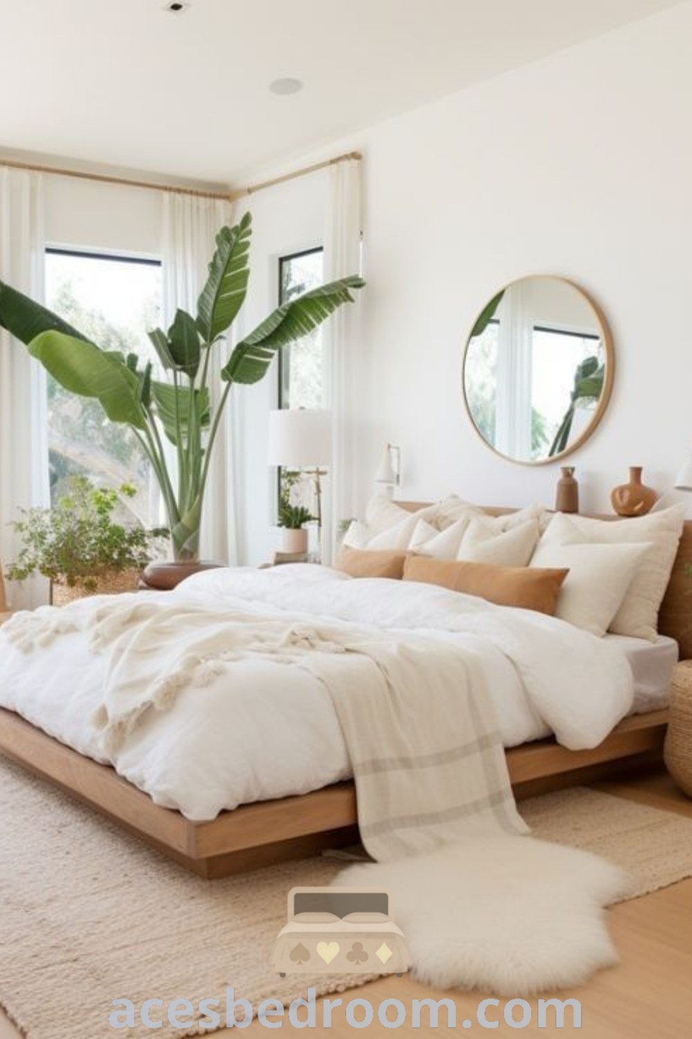 A cozy boho bedroom with a platform bed, a mirror, and a fireplace as centerpieces, showcasing natural minimalist decor ideas and stylish elements for small spaces. Discover inspiring bedroom designs and unique ideas for your home at acesbedroom.com.