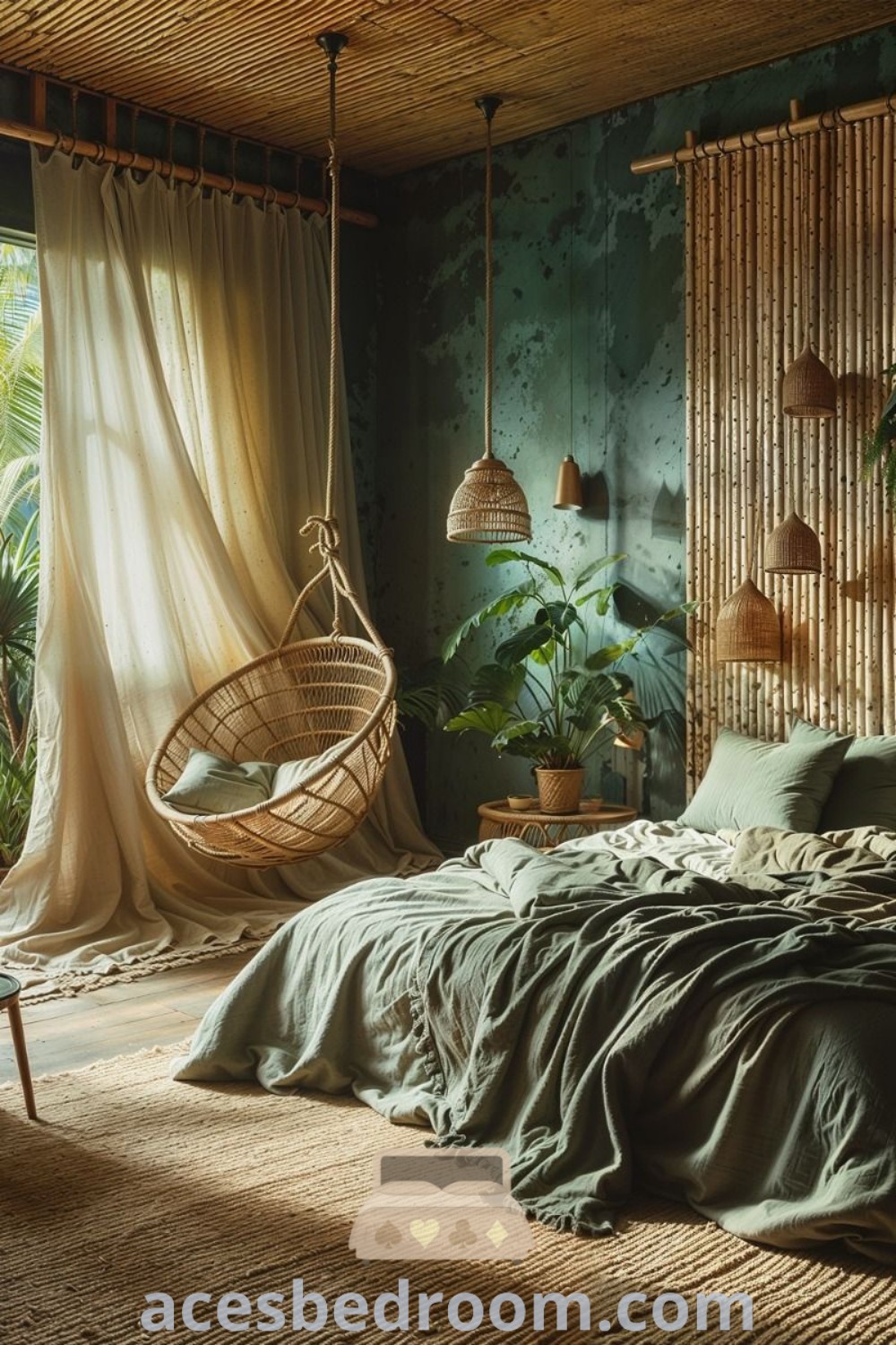 A cozy bohemian bedroom with green walls, a bed, and plants hanging on the headboard, featuring a hammock chair and bamboo wall ideas. This trendy space offers inspiring design tips for a unique decor aesthetic, perfect for creating a warm and sophisticated look. Explore more decorating ideas at acesbedroom.com.