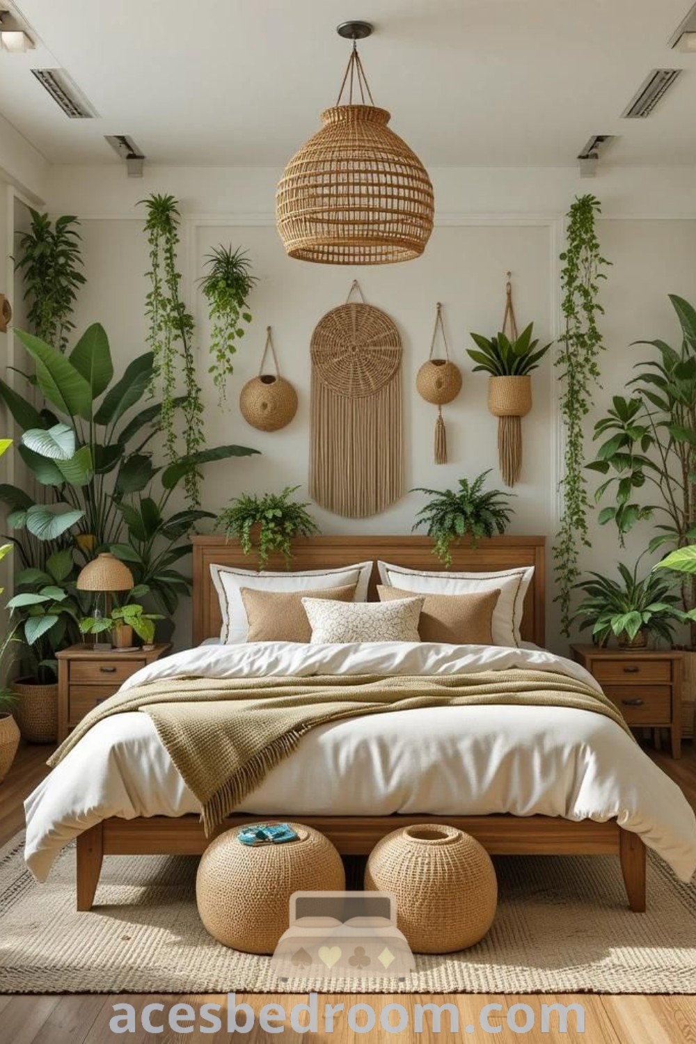 A cozy bedroom filled with plants and wooden elements, offering a spa-inspired retreat decor. This wood and plants bedroom features stylish design ideas that blend comfort and sophistication, suitable for couples. For further inspiration, visit acesbedroom.com.