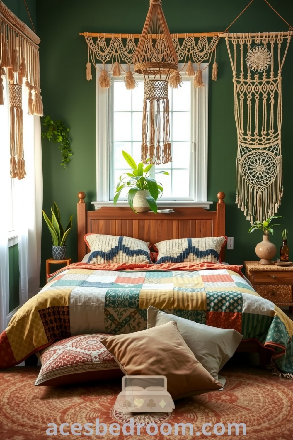 Cozy boho bedroom featuring serene green walls, intricate macramé hangings, a vintage wooden bed frame, lush plants, and layered textures from a patchwork quilt and earthy pillows, showcasing cozy design ideas for a warm and sophisticated look on acesbedroom.com.