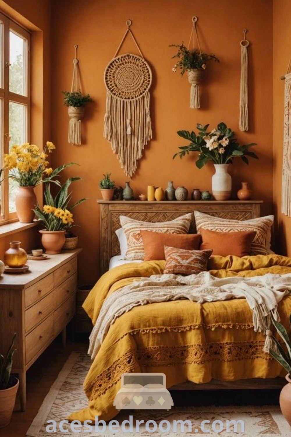 A vibrant yellow boho bedroom decorated in yellow and orange with potted plants above the bed, showcasing stylish design ideas for a cozy home. This space offers unique inspirations for motel makeovers and Scandinavian bedroom ideas, perfect for creating a warm and sophisticated look. Explore more at acesbedroom.com.