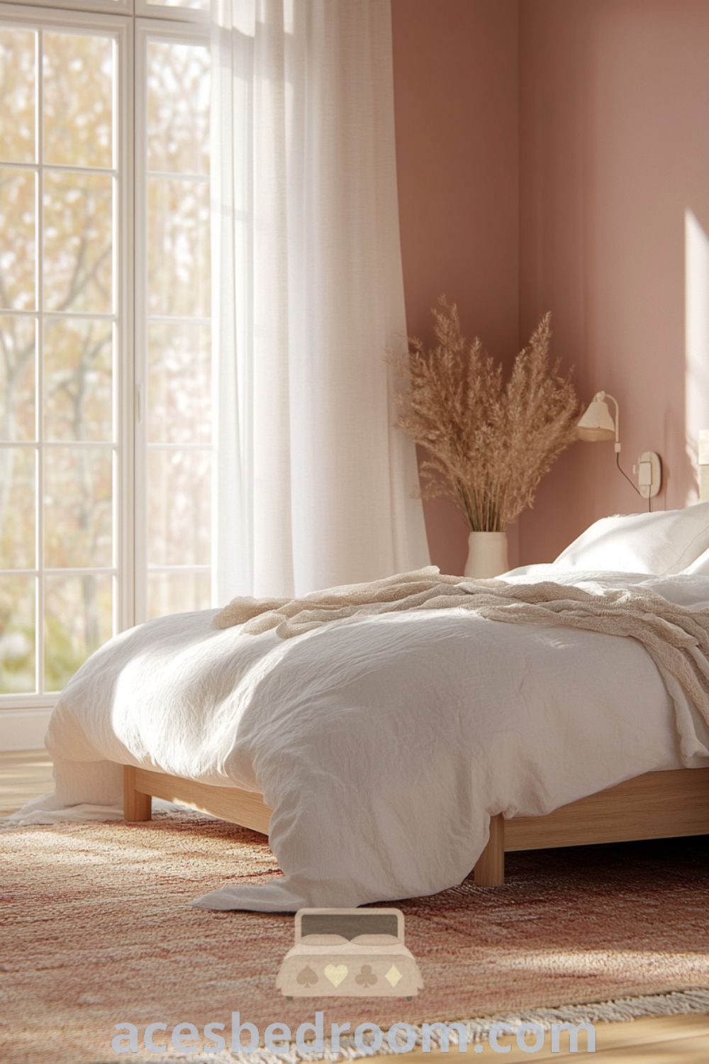Cozy Scandinavian bedroom featuring soft pink walls, light oak flooring, a sturdy wooden bed frame with white and blush linen, and sheer curtains, creating a serene atmosphere perfect for relaxation, showcased on acesbedroom.com.