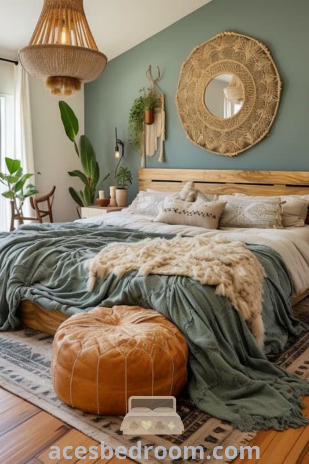 A cozy bedroom with a large bed and fireplace in the corner, surrounded by potted plants, embodying green bedroom decor inspirations. This design reflects the cozy aesthetic trend, offering stylish ideas for a refreshing and tranquil master bedroom, perfect for creating a warm and sophisticated look at acesbedroom.com.