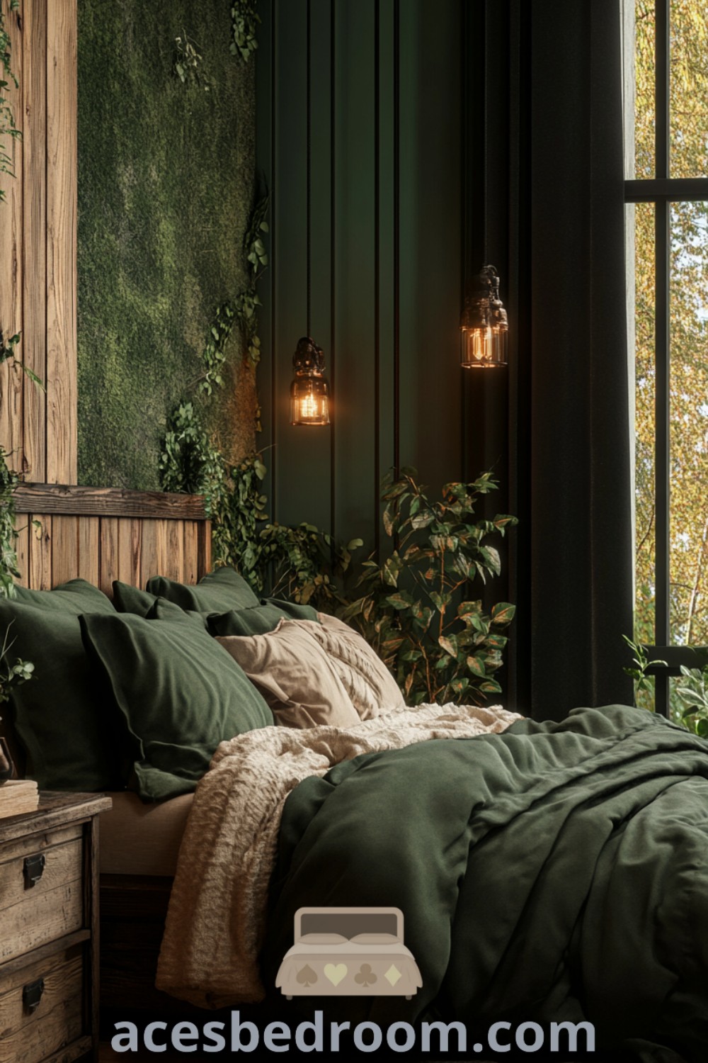 A cozy forest green bedroom featuring lush bedding and pillows, complemented by a wall filled with plants, creating a tranquil and stylish atmosphere. This design reflects moody nature decor ideas and inviting inspirations for decorating your home, designed to calm the mind. Explore more at acesbedroom.com.