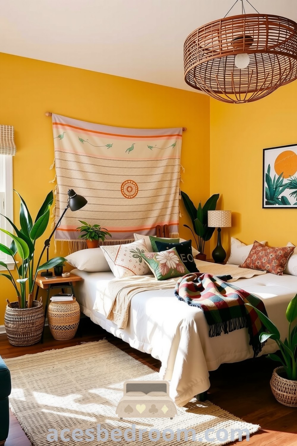 Cozy boho bedroom featuring soft yellow walls, inviting quilts, jute rug, rattan light fixture, and potted plants, creating a warm, eclectic atmosphere for a stylish home, showcased on acesbedroom.com.