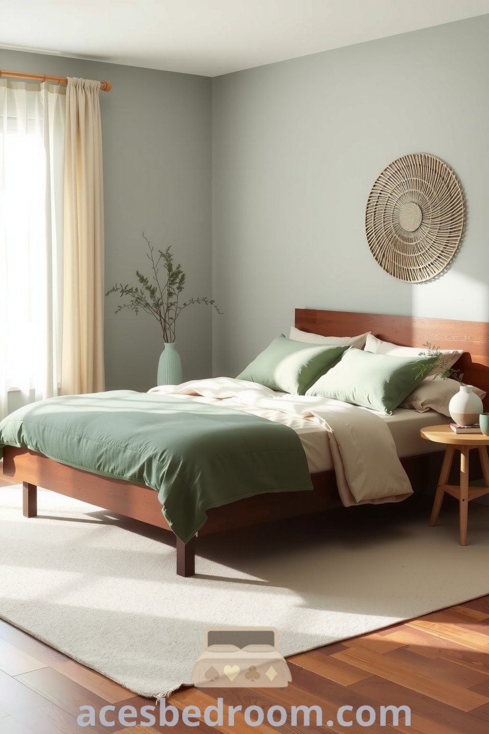 Cozy Japandi bedroom featuring muted greens, warm wood tones, a low-profile bed with layered linens, textured wall art, and a ceramic vase with fresh greenery, creating a serene and inviting atmosphere, featured on acesbedroom.com.