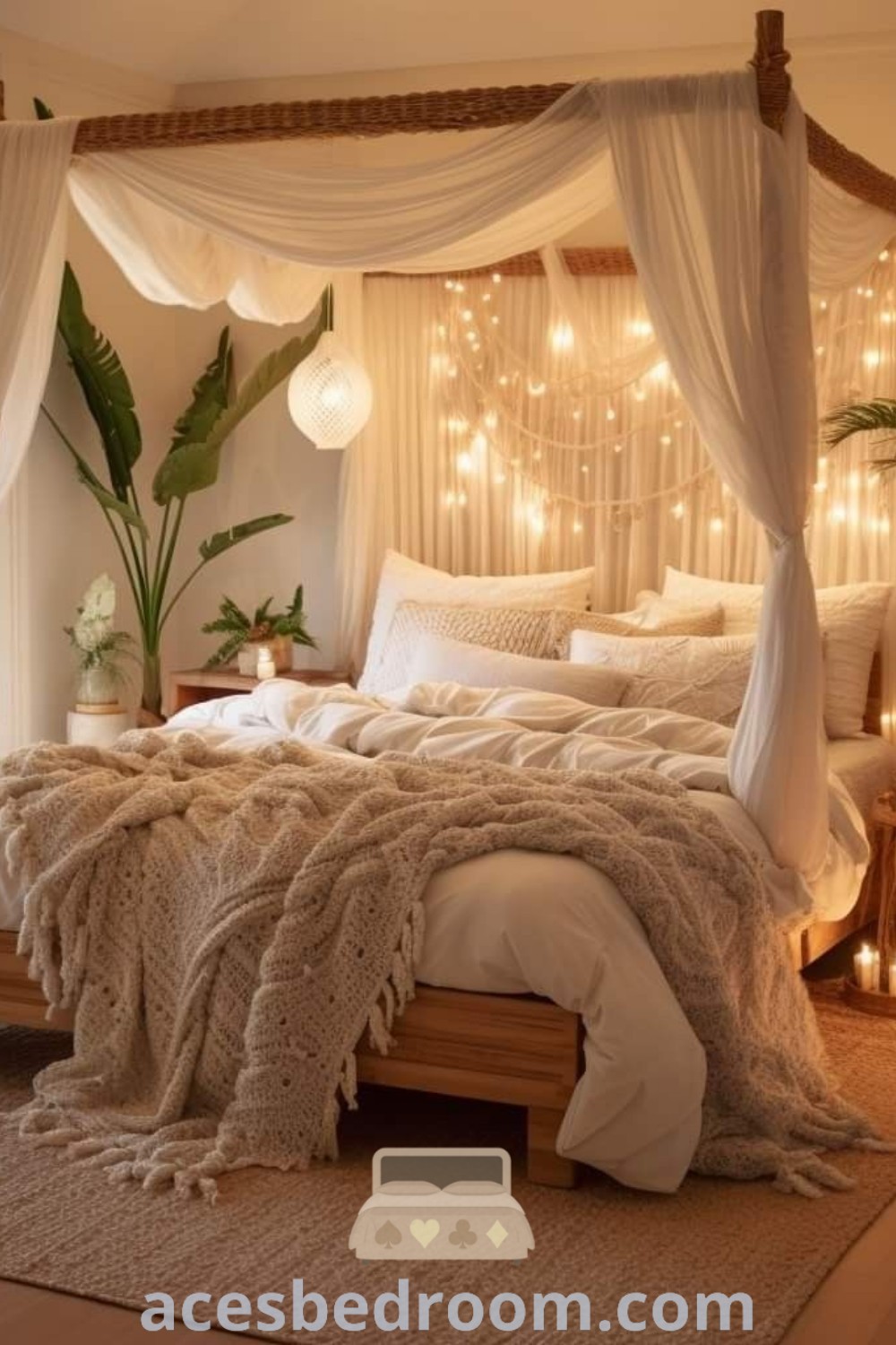 A cozy master bedroom adorned with white sheets, twinkling lights on the headboard, and bohemian decor elements. This dream room inspiration offers stylish and unique design ideas for your home, perfect for creating a warm and romantic atmosphere. Discover more cozy inspirations at acesbedroom.com.