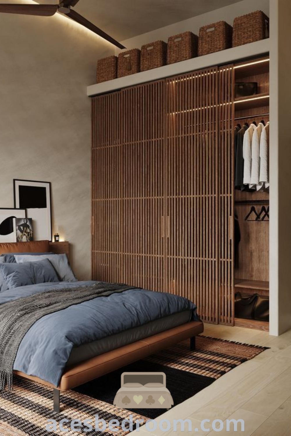 A cozy bedroom showcasing Japandi design with a bed beside a wooden closet. This inspiring space incorporates stylish ideas for small bedrooms, emphasizing functional storage while maintaining a tranquil atmosphere. Discover more about cozy home inspirations at acesbedroom.com.