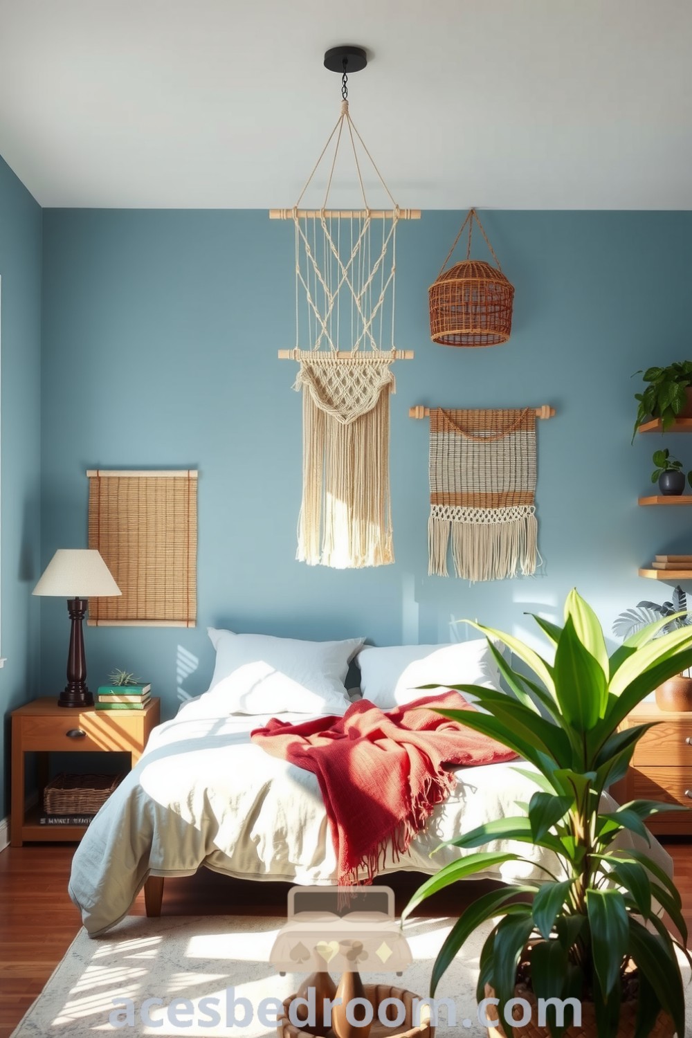 Cozy boho bedroom featuring soft blue walls, a macramé wall hanging above a textured bed, reclaimed wood accents, bamboo shades, and potted greenery for a serene retreat, showcased on acesbedroom.com.