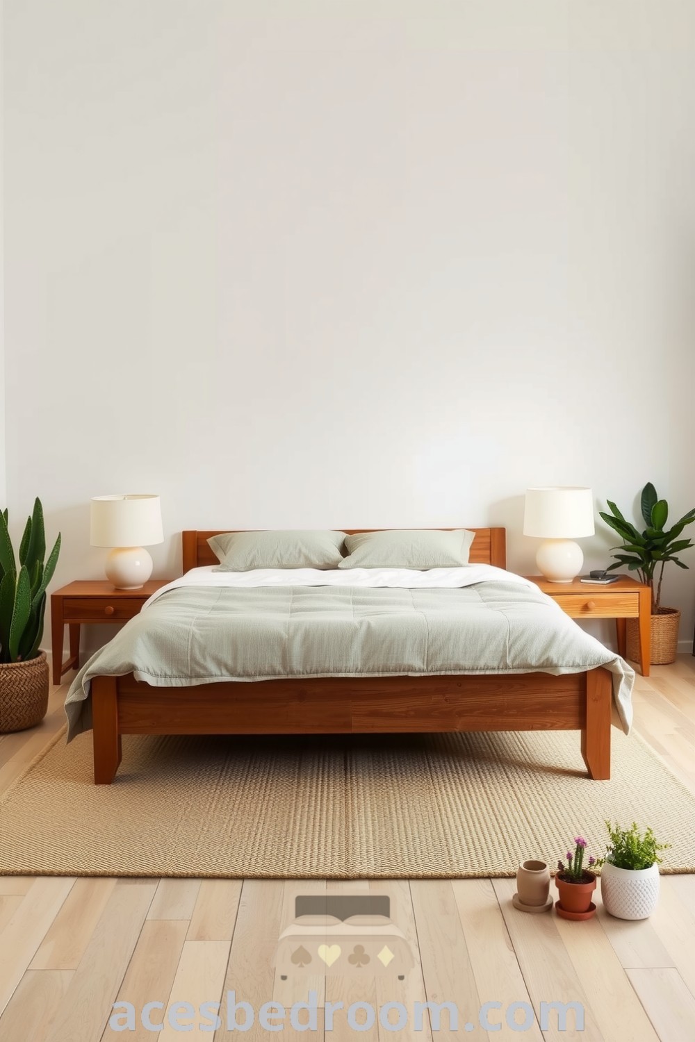 Cozy Japandi bedroom featuring soft white walls, a low-profile wooden bed, cozy linen duvet, hand-carved nightstands, ceramic lamps, and potted plants, showcased on acesbedroom.com.