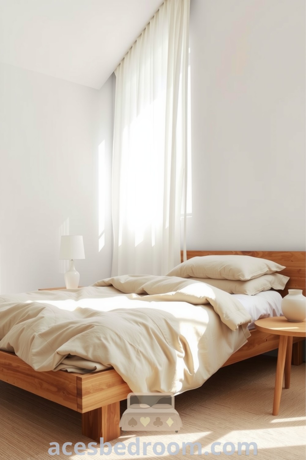 Cozy Japandi bedroom featuring minimalist design with white walls, a textured wooden bed frame, soft muted linens, and a low-profile nightstand, illuminated by a ceramic lamp and natural light through sheer curtains, perfect for a warm and sophisticated look, showcased on acesbedroom.com.