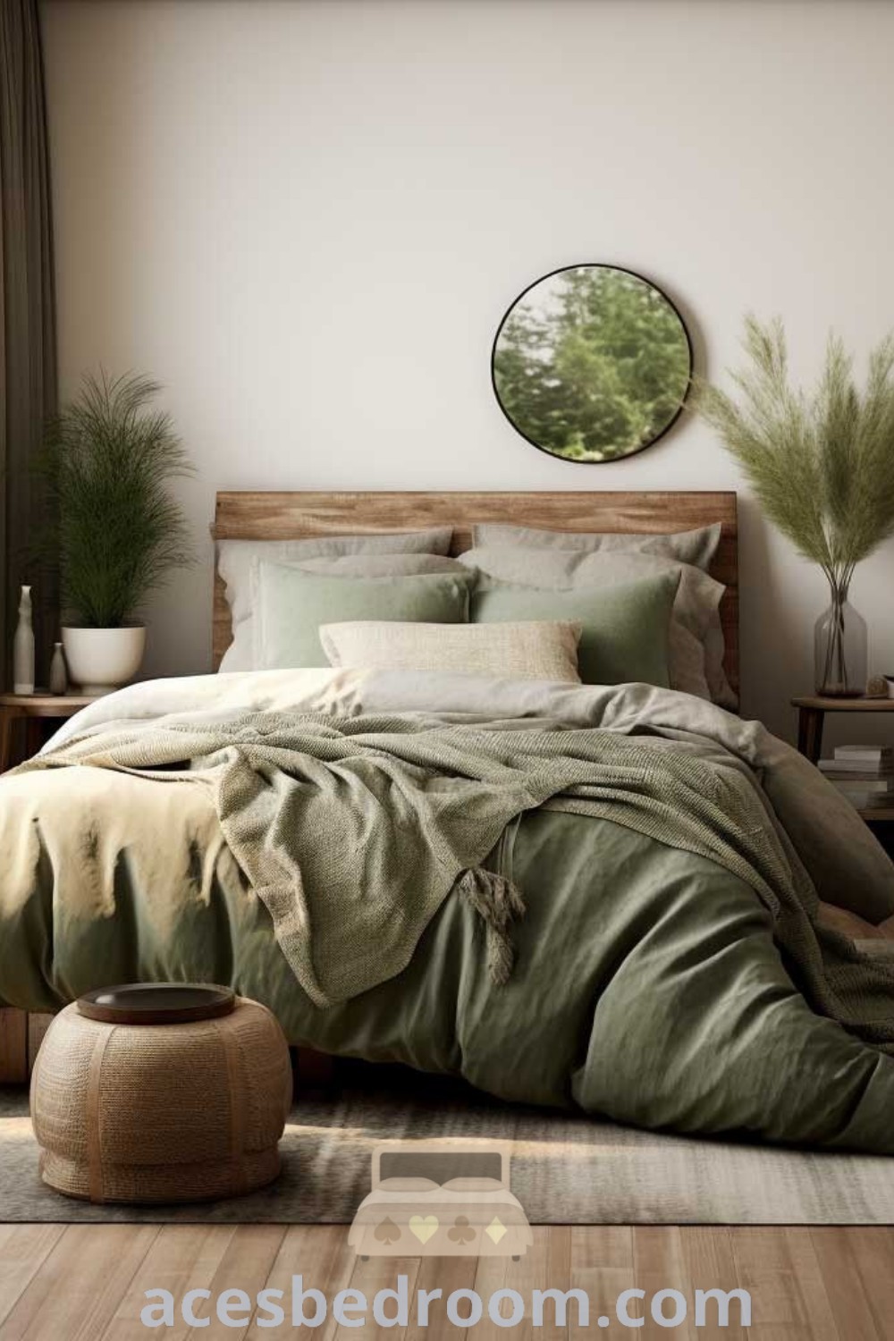 A serene earthy bedroom featuring a large bed with oatmeal and green bedding, a wooden table with a chair, and potted plants, showcasing modern sage green and gray decor. This space offers inspiring ideas for your home, perfect for a cozy aesthetic. Discover more design tips at acesbedroom.com.