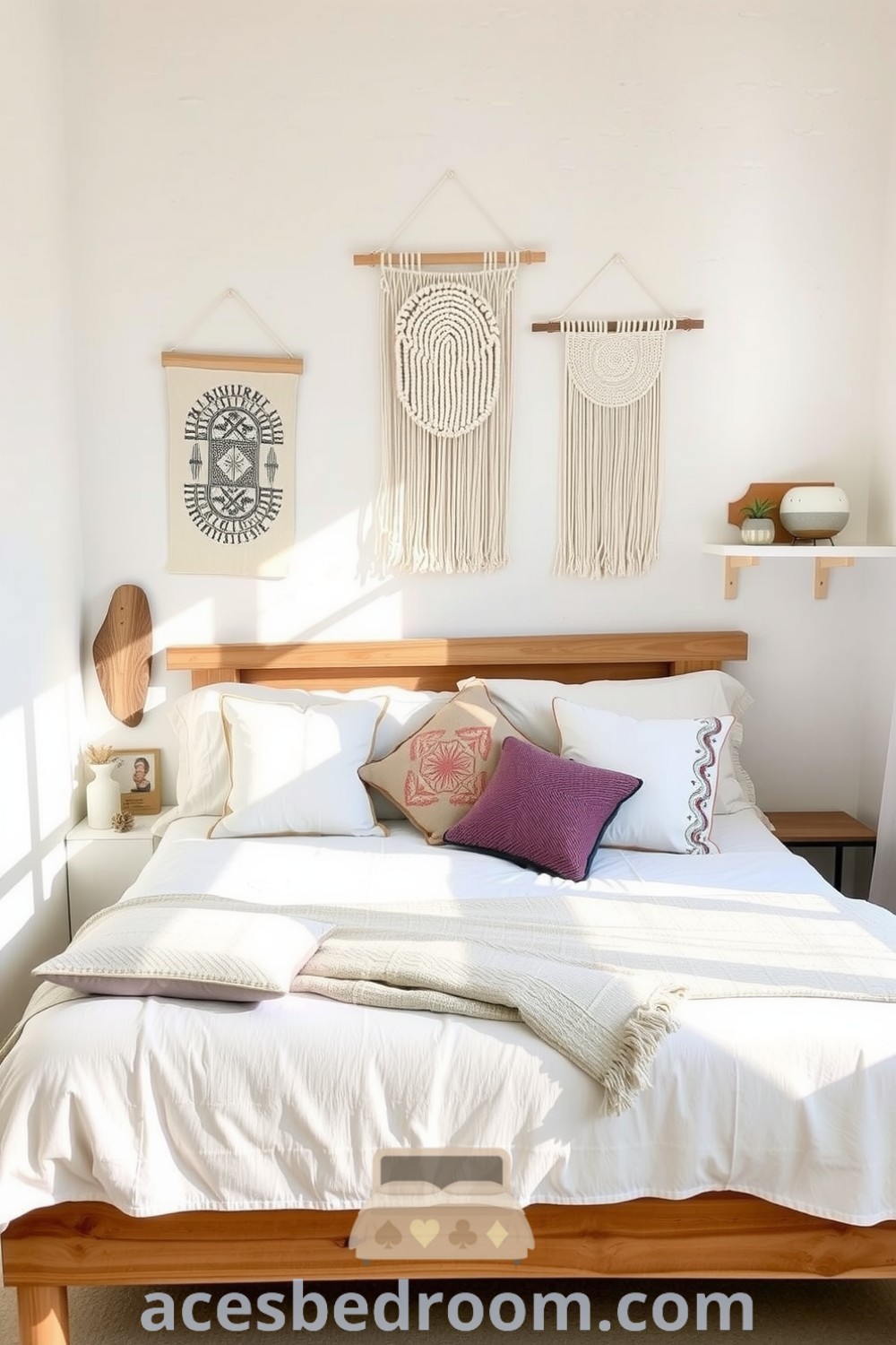Cozy Boho bedroom with a serene white palette, textured stone-like walls, a queen-sized bed adorned with breathable fabrics and embroidered pillows, natural wood accents, and macramé wall hangings, creating a warm and inviting atmosphere, featured on acesbedroom.com.
