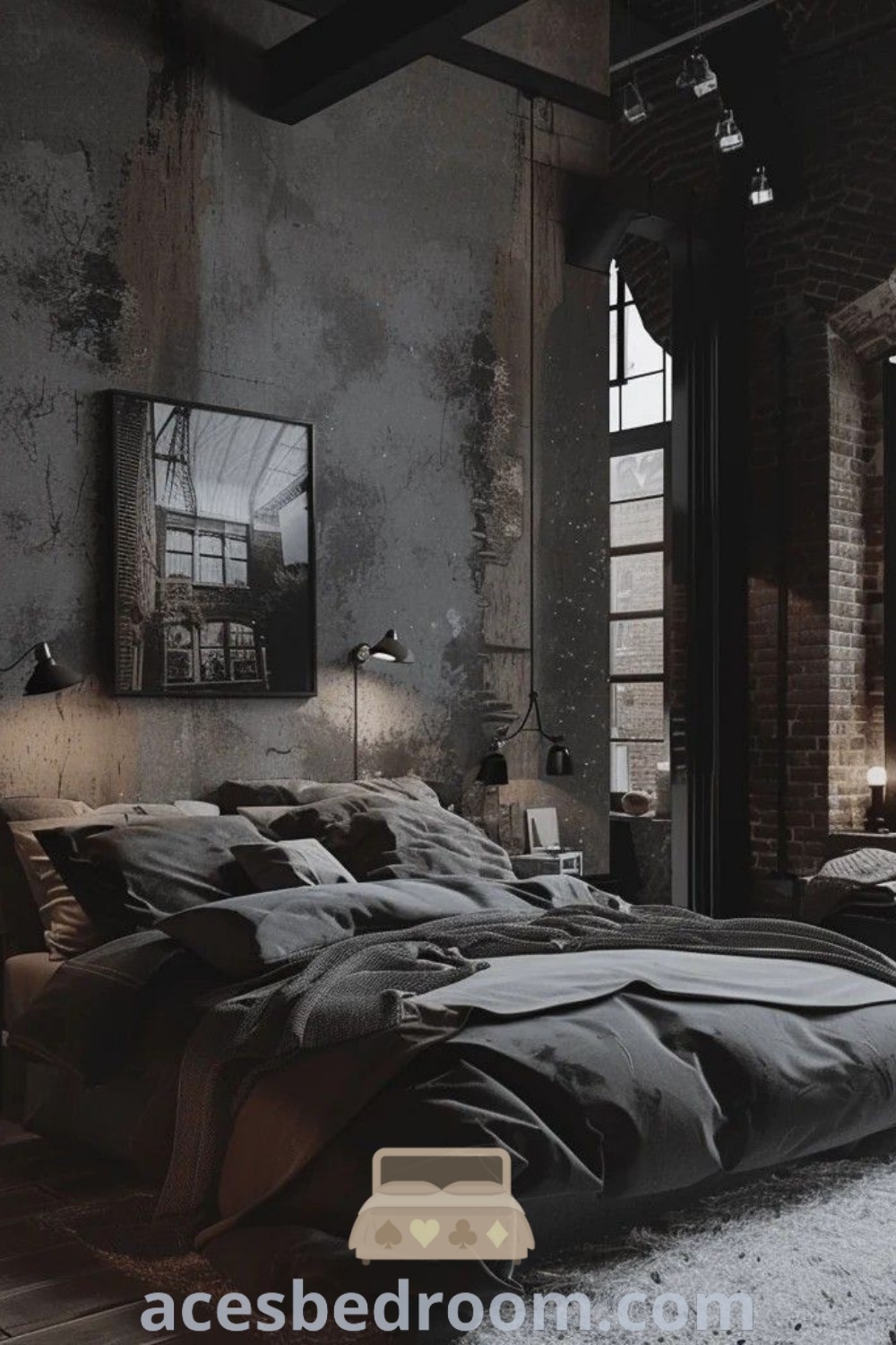 An industrial style bedroom with exposed brick walls, floor-to-ceiling windows, and unique decor inspirations that blend modern eclectic design elements. The space features light fixtures and industrial chandeliers, offering unique ideas to enhance your cozy home. Explore more design ideas at acesbedroom.com.