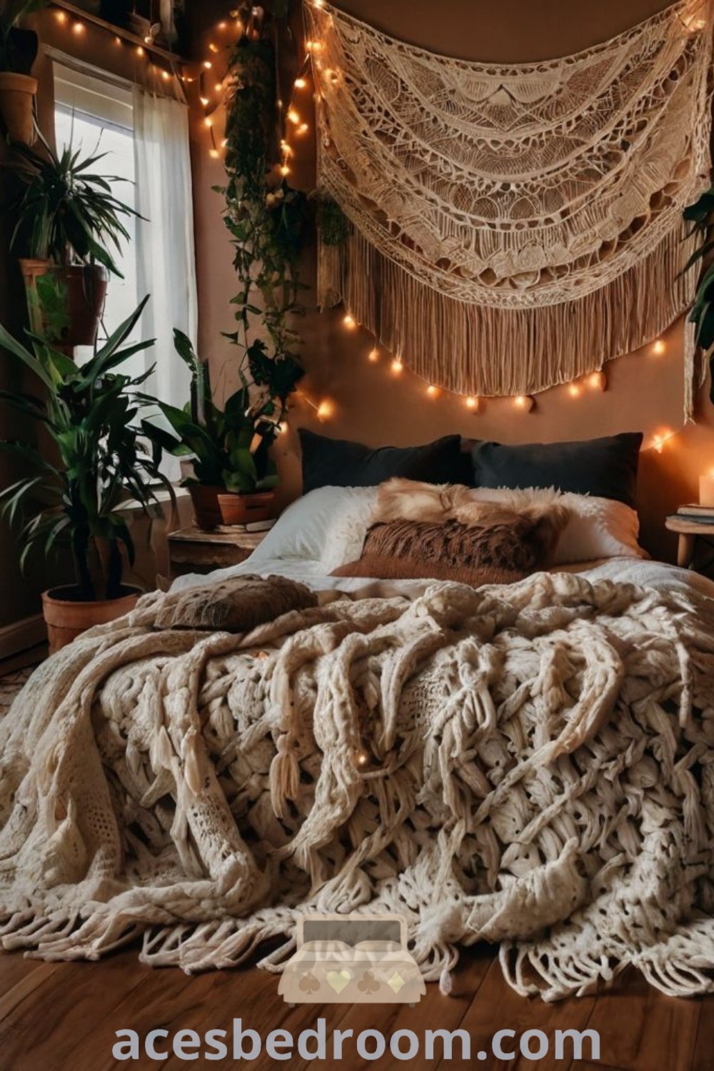 A cozy boho minimalist bedroom with a bed covered in fluffy blankets and decorative lights, surrounded by potted plants on a wooden floor, showcasing ideas for home decor at acesbedroom.com. This stylish setup offers unique cozy bedroom ideas and inspiring design tips for achieving a warm and sophisticated look.