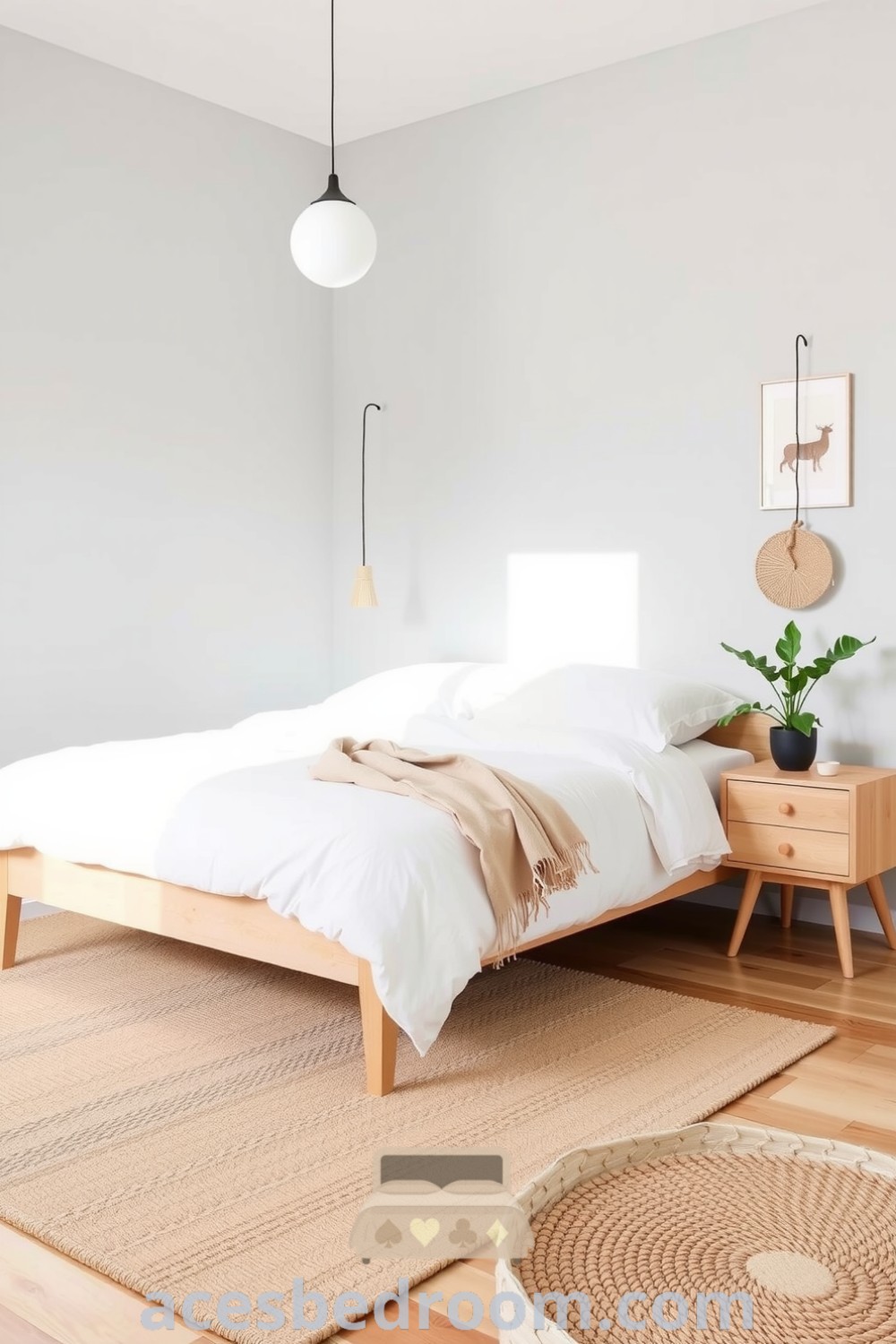 Cozy Scandinavian bedroom featuring soft gray walls, natural wood accents, low-profile bed with light linens, greenery on a nightstand, and a woven rug for a warm and inviting atmosphere, showcased on acesbedroom.com.