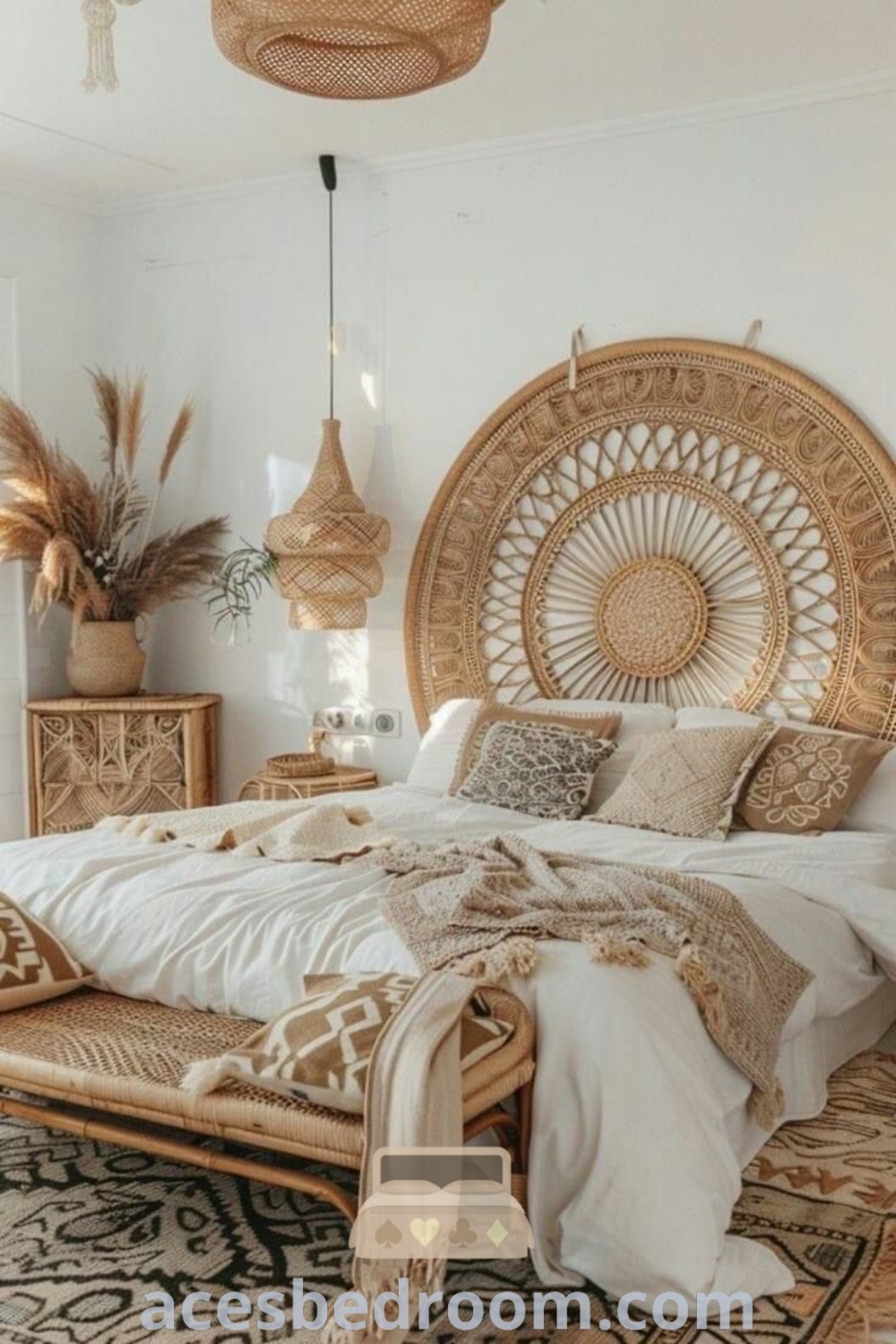 A cozy boho bedroom with white walls, wicker furniture, and a rattan headboard, showcasing modern boho style and affordable decor ideas. This inspiring space offers a warm and sophisticated look with unique design inspirations. Discover more on acesbedroom.com.