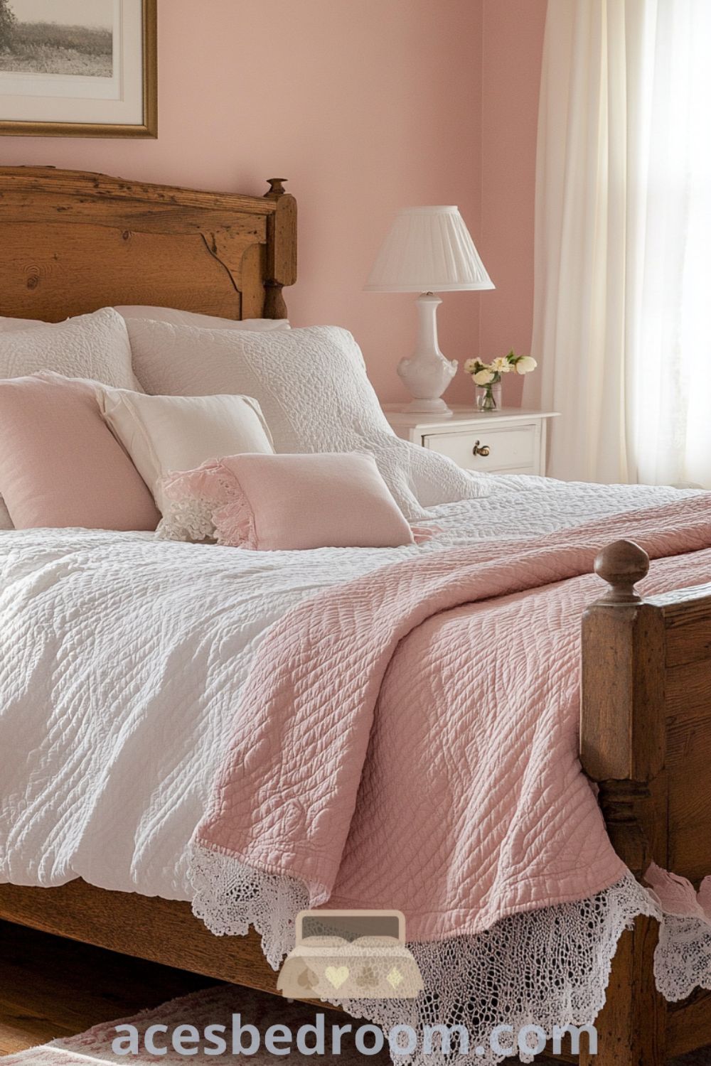 Cozy French country bedroom with soft pink walls, a weathered wooden bedframe, a plush pink quilt, lace-trimmed pillows, and vintage-inspired nightstands, showcasing design ideas for a warm and sophisticated look, featured on acesbedroom.com.