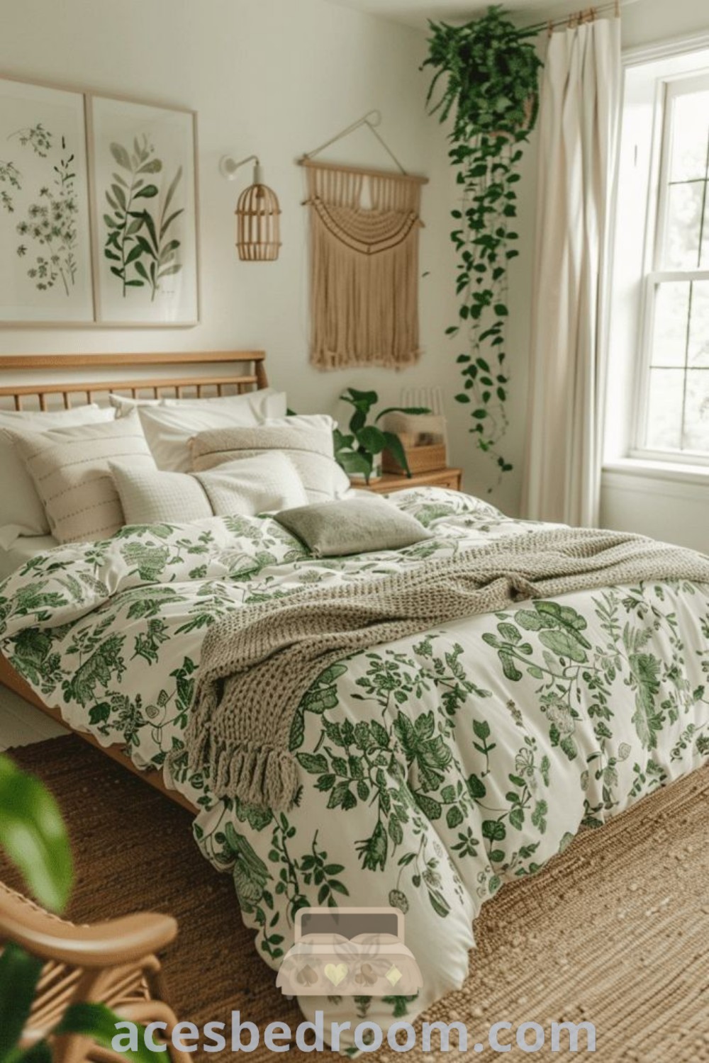 A boho style bedroom featuring a bed adorned with green leaves, set next to a window and a wicker chair. This cozy bedroom decor exemplifies green bedroom ideas, offering design inspirations for a stylish and tranquil space. Discover more ideas for your home at acesbedroom.com.