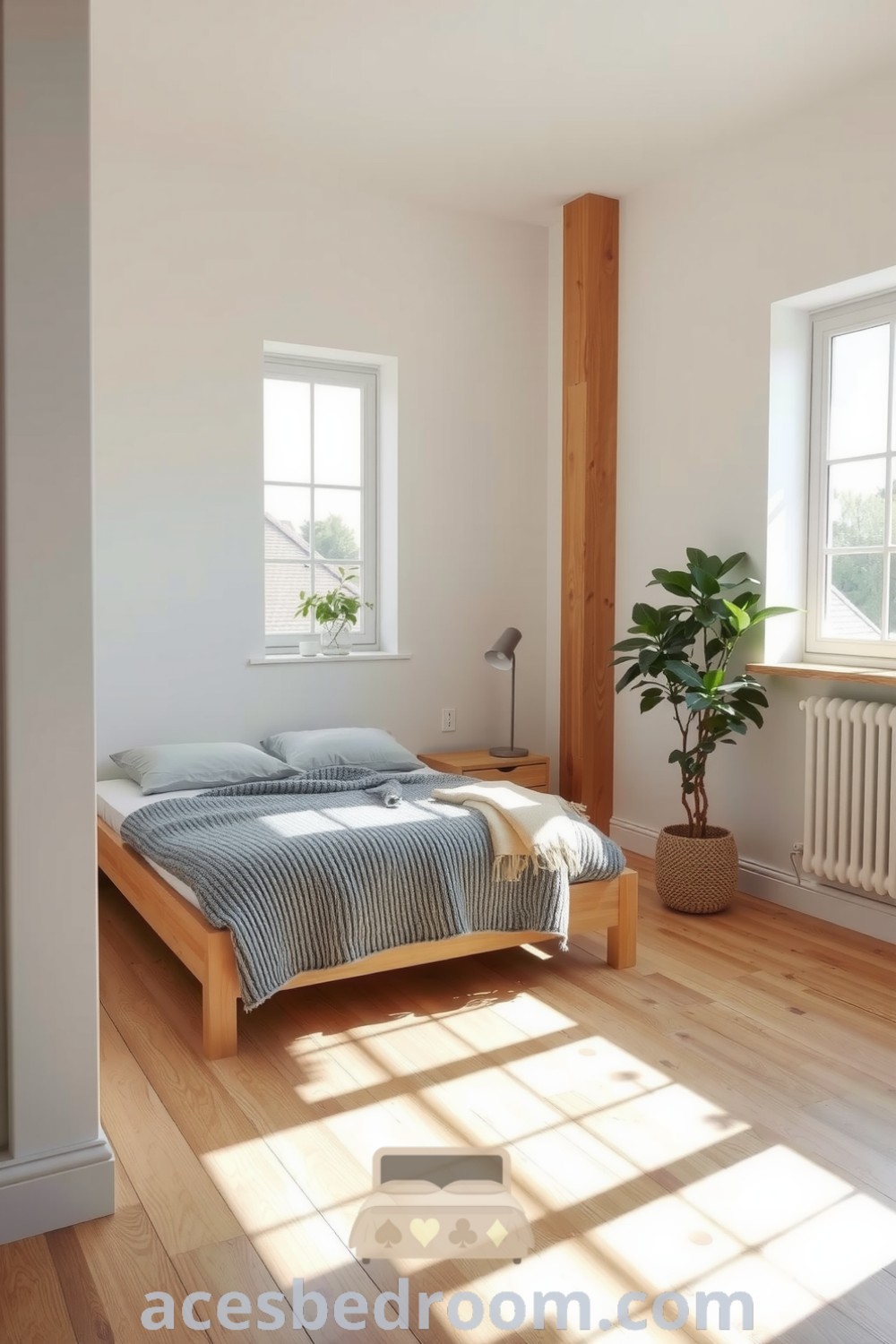 Cozy Scandinavian bedroom featuring soft white walls, natural wood accents, a low-profile bed with a muted grey knit blanket, large windows allowing light to flood in, and a potted plant for added greenery, designed for a warm and sophisticated look, available on acesbedroom.com.