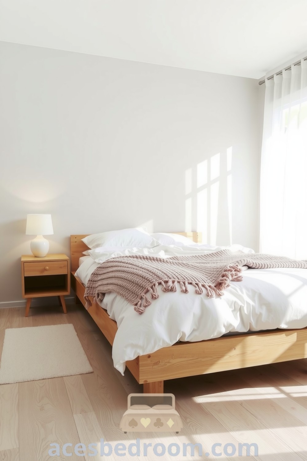 Cozy Scandinavian bedroom featuring pale wood flooring, light gray walls, a birch wood bed with cozy bedding, minimalist raw wood bedside tables, and warm ceramic lamps, creating a serene ambiance, showcased on acesbedroom.com.