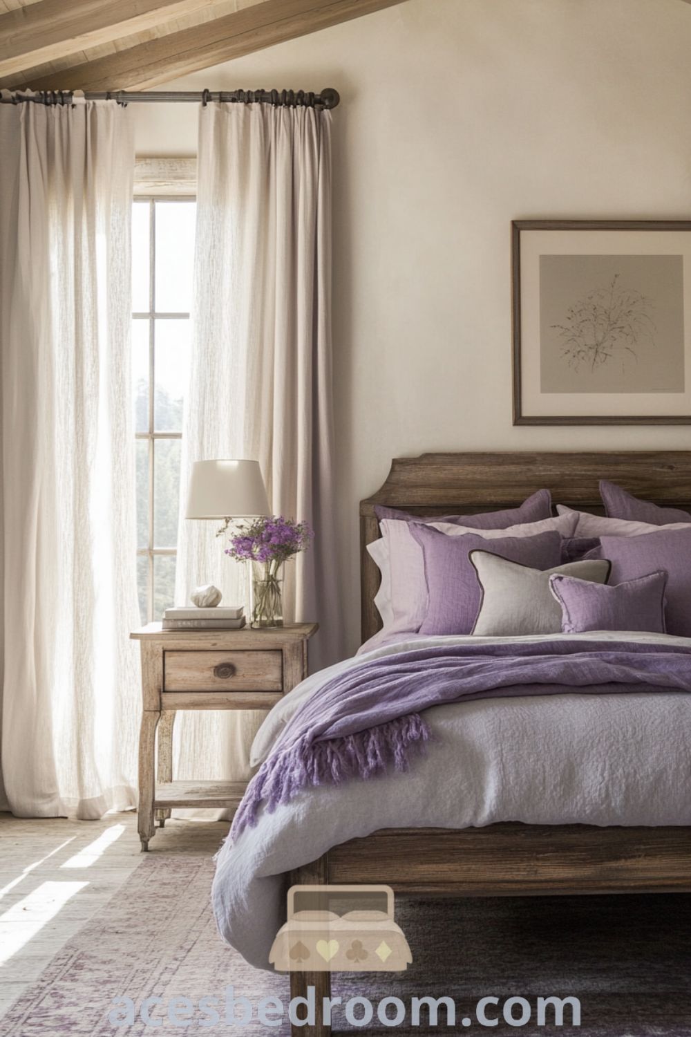 Serene French Country Bedroom on acesbedroom.com showcasing a cozy aesthetic with soft tones, rustic wooden furniture, and inviting decor ideas.