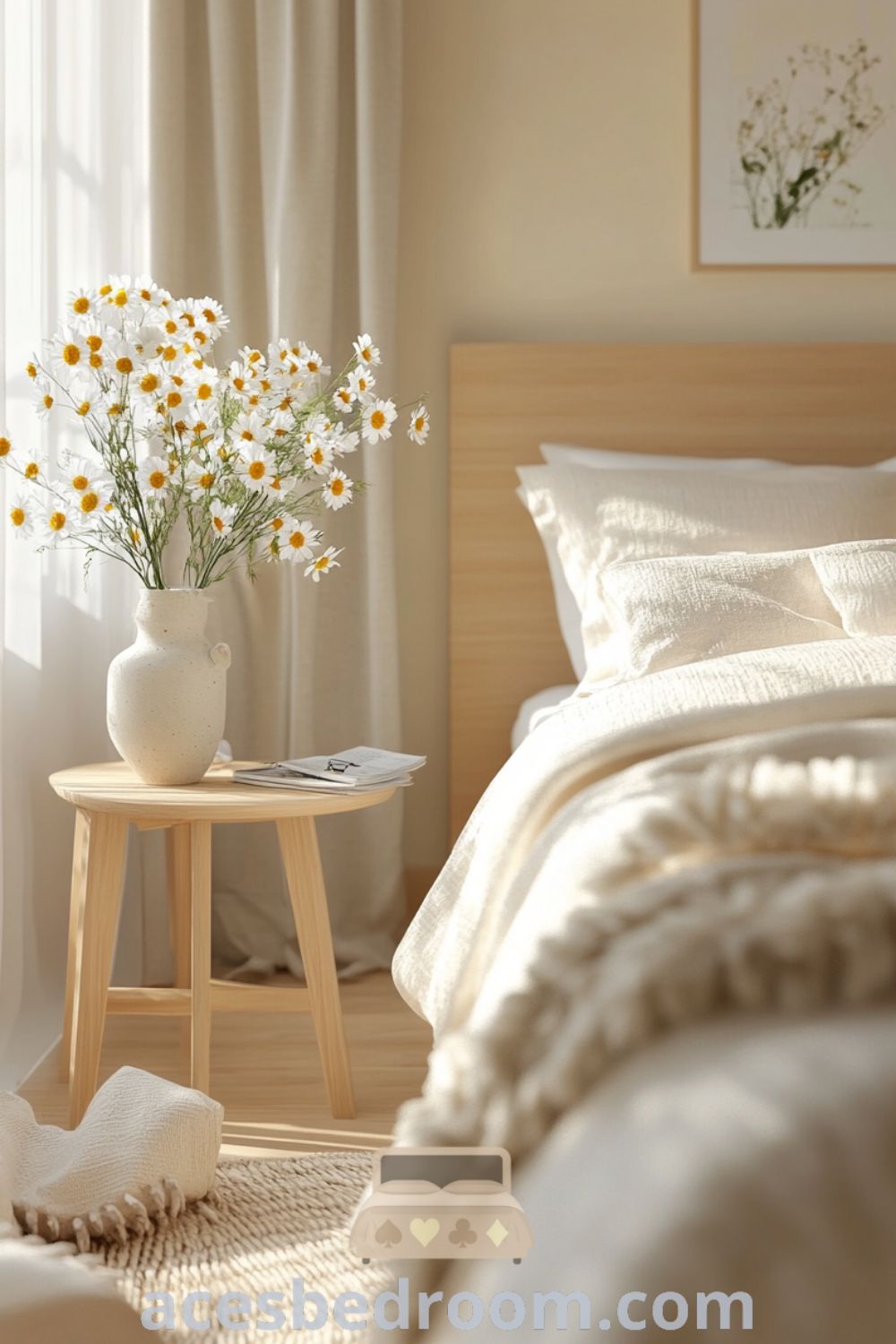 Cozy Scandinavian bedroom featuring soft yellow hues, light hardwood floors, minimalist furnishings, a low-profile bed with white linens, and a rustic side table with a vase of wildflowers, creating an inviting atmosphere for a warm and sophisticated look, showcased on acesbedroom.com.