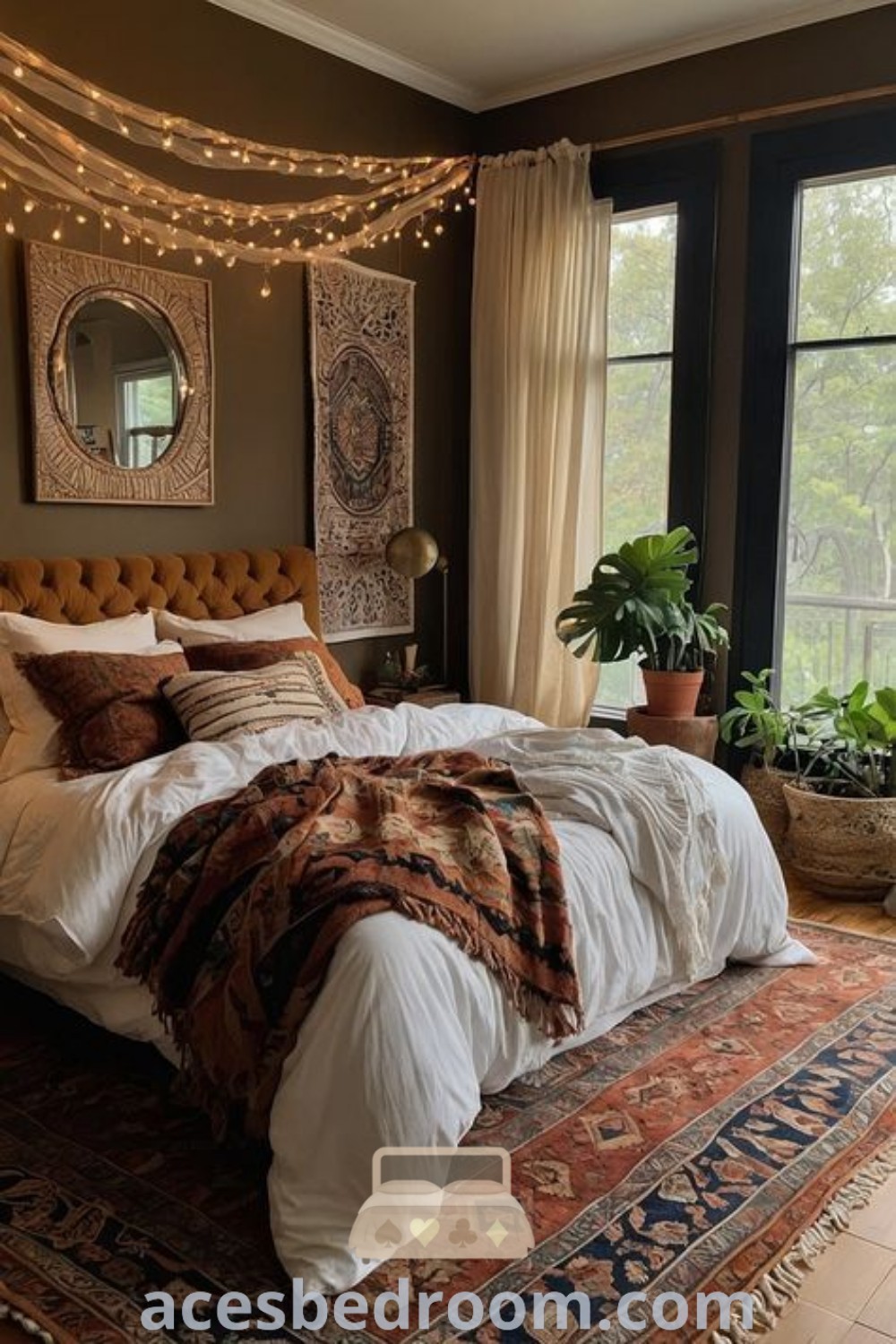 A chic boho bedroom featuring a grey eclectic design, earthy bright decor, and a terracotta comforter, showcasing stylish brass bed inspirations. This inviting space offers cozy ideas and unique design trends for your home, perfect for anyone seeking a warm and inspiring environment. Explore more at acesbedroom.com.