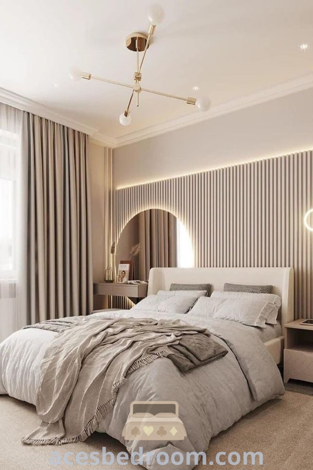 A modern luxury bedroom featuring a large bed at the center with elegant curtains on the wall, exemplifying inspiring design ideas for master bedroom decor. This cozy bedroom design harmonizes functionality with aesthetics, offering stylish decor inspirations for your home. Explore more unique ideas at acesbedroom.com.
