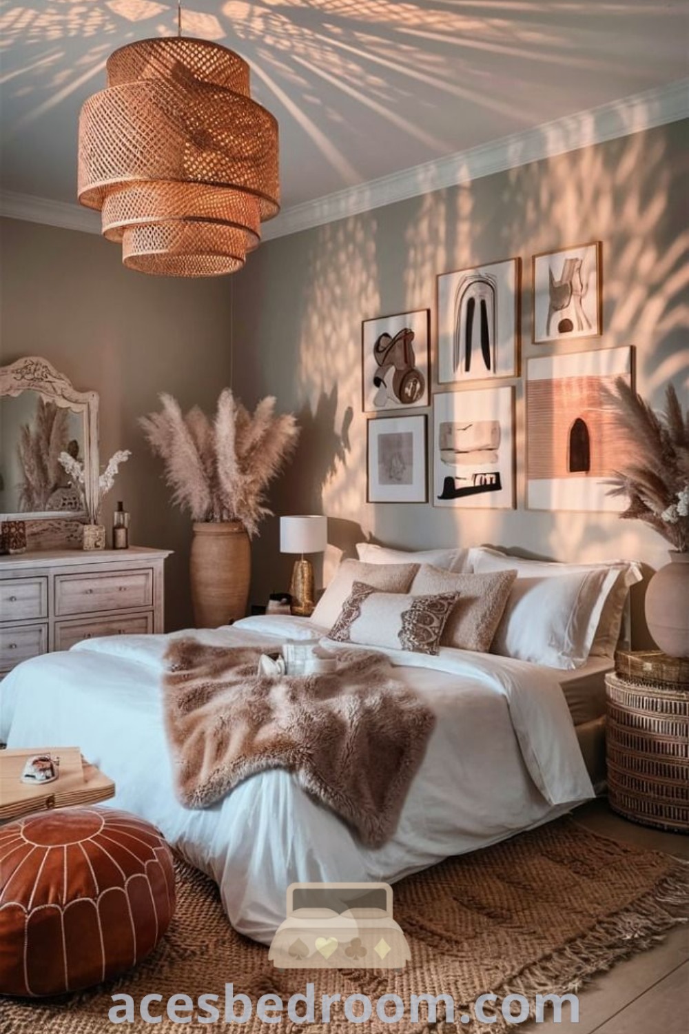 A beautiful semi boho bedroom with a large bed and numerous pictures on the wall, embodying chic bohemian style. This cozy aesthetic features unique design ideas perfect for 28-year-old women, promoting a warm and inspiring environment. Discover more decor inspirations at acesbedroom.com.