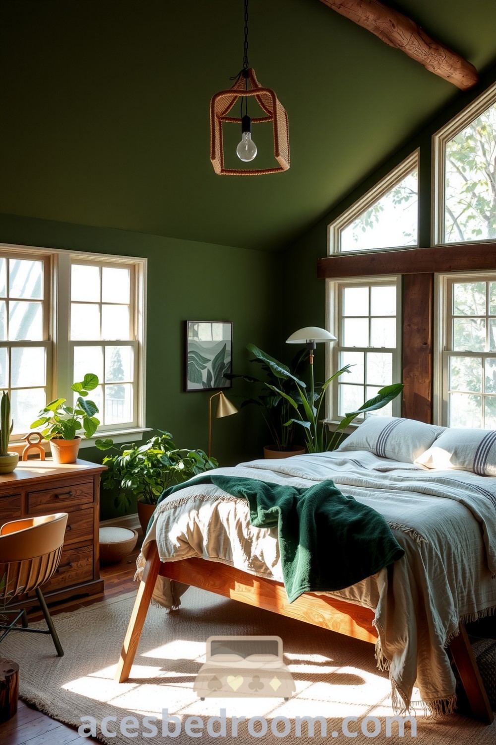 Cozy nature-inspired bedroom featuring earthy green walls, handcrafted wooden bed with organic cotton bedding, a rustic reclaimed wood dresser, and houseplants, creating a warm and inviting atmosphere, with design ideas for a cozy home displayed on acesbedroom.com.