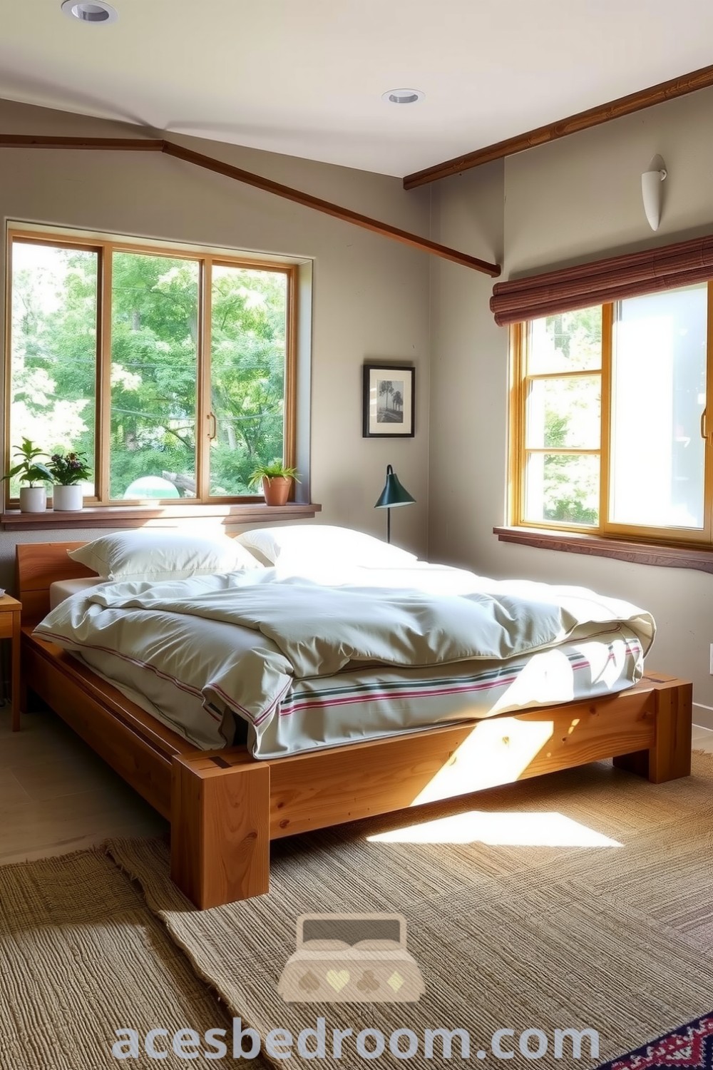 Cozy nature-inspired bedroom showcasing earthy tones of greens and browns, featuring a wooden bed frame, textured duvet, potted plants, and natural light, complemented by a jute rug. A serene and inviting space for relaxation, presented on acesbedroom.com.