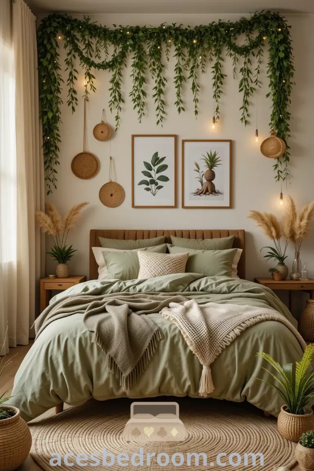 A cozy bedroom featuring plants hanging on the wall, a bed covered in green linens, and inspiring decor ideas that highlight a sage green and rattan theme. This stylish green room offers unique inspirations for your home at acesbedroom.com.