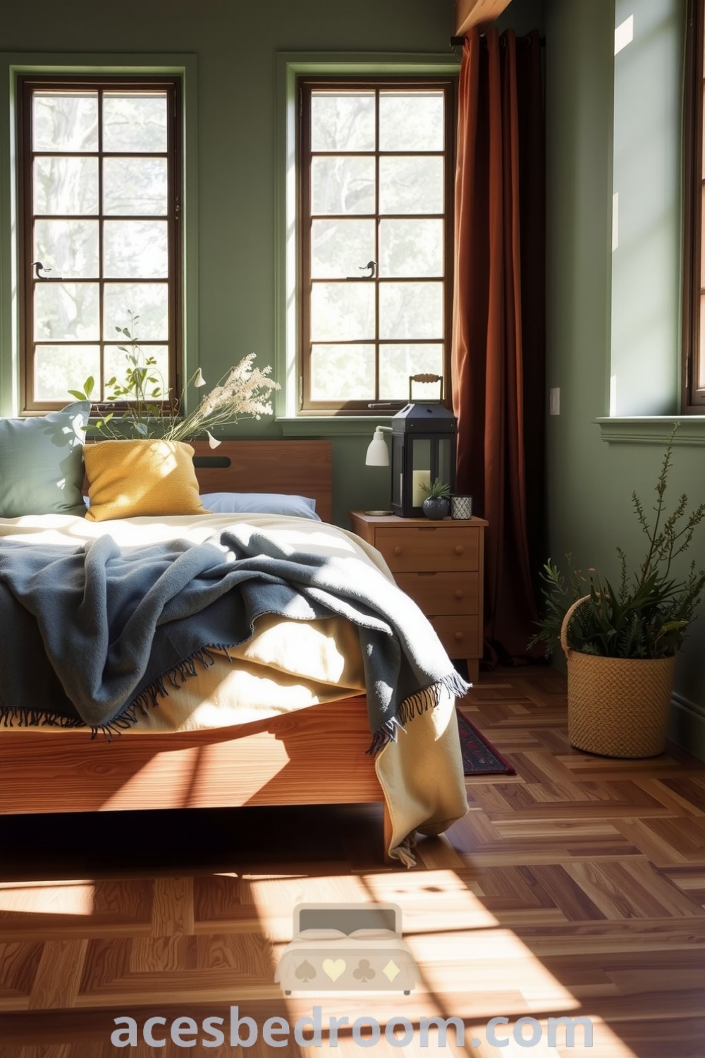 Cozy nature-inspired bedroom featuring sage green walls, a sturdy oak bed frame, layered woolen throws, and abundant greenery, creating a warm and tranquil atmosphere, showcased on acesbedroom.com.