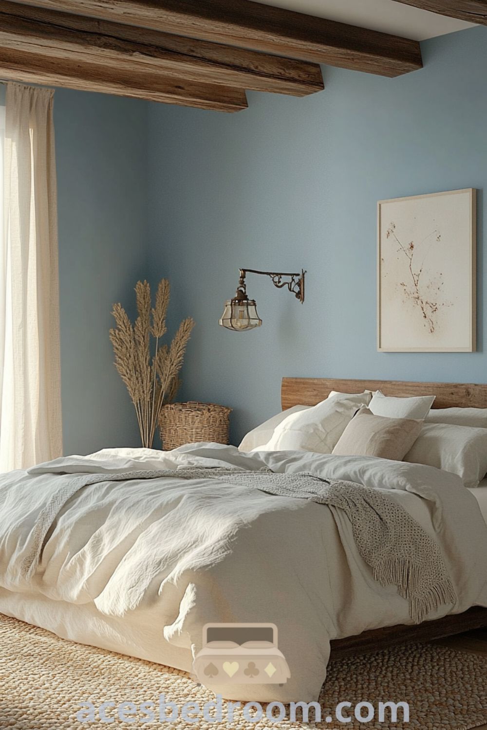 Cozy French country bedroom with soft blue walls, natural wood accents, cream linens, woven rugs, and vintage sconces, creating an inviting atmosphere highlighted with sunlight, featured on acesbedroom.com.