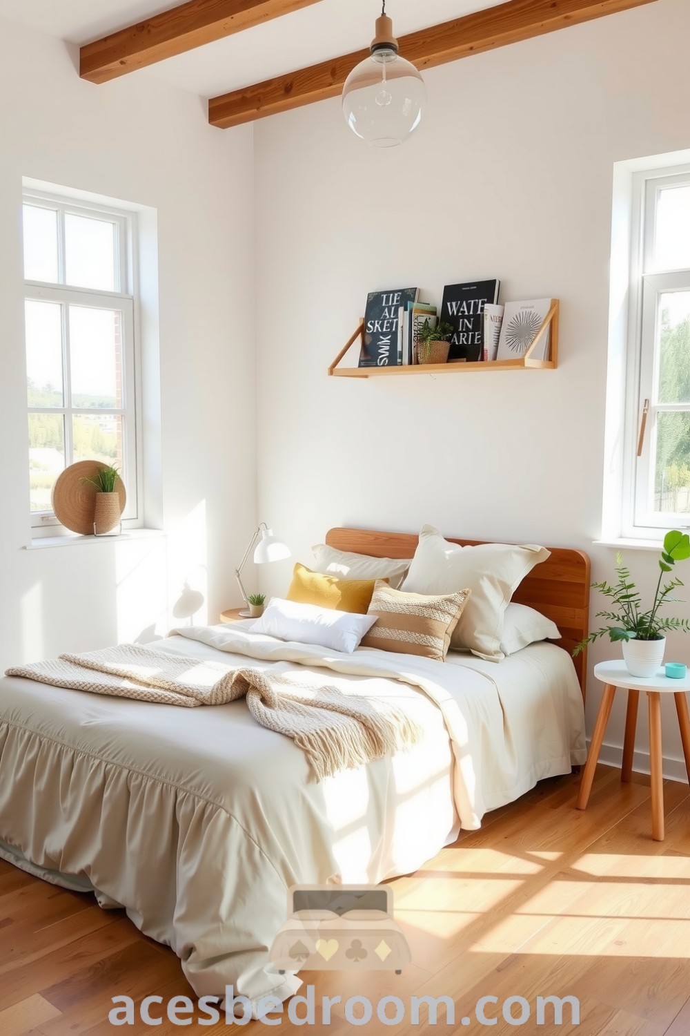 Cozy Scandinavian bedroom with white walls, wooden accents, plush beige bedding, a textured throw, greenery, and a ladder shelf with books, designed for a warm and sophisticated look, with decor ideas showcased on acesbedroom.com.