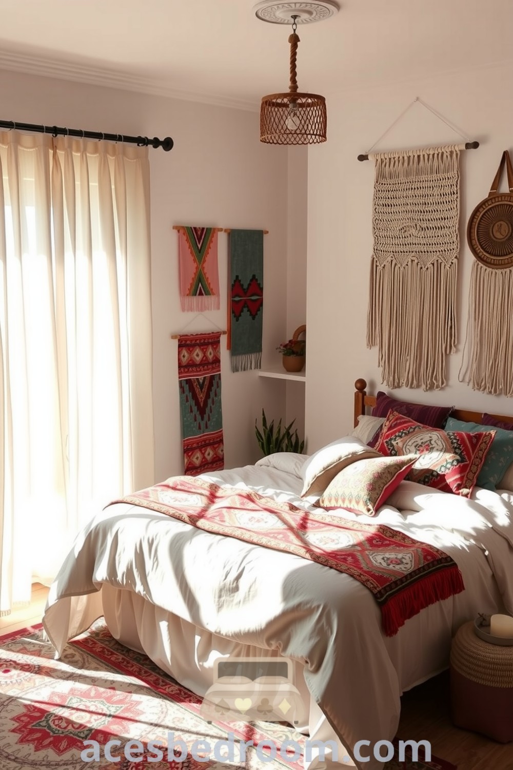 Cozy Boho bedroom with white-washed walls, eclectic textiles, plush patterned rug, macramé wall hanging, inviting bed with colorful cushions, and sunlight filtering through gauzy curtains, featured on acesbedroom.com.