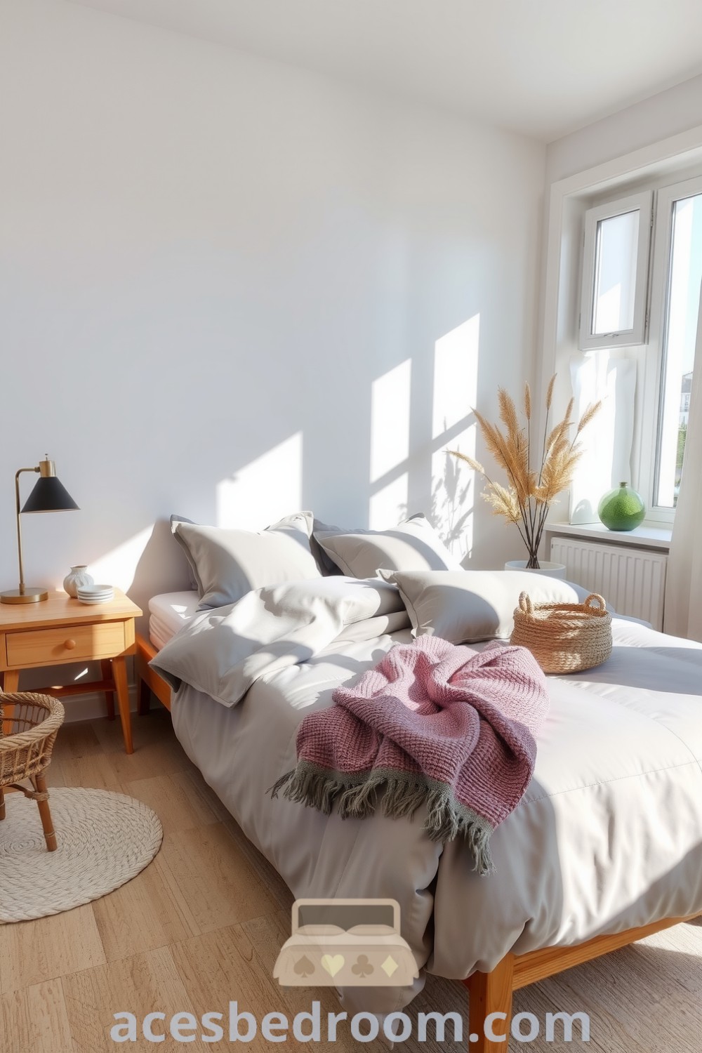 Cozy Scandinavian bedroom featuring light, air-filled walls, natural wood furniture, a soft gray duvet, oversized pillows, and a warm knit throw, showcasing design tips for a warm and sophisticated look on acesbedroom.com.